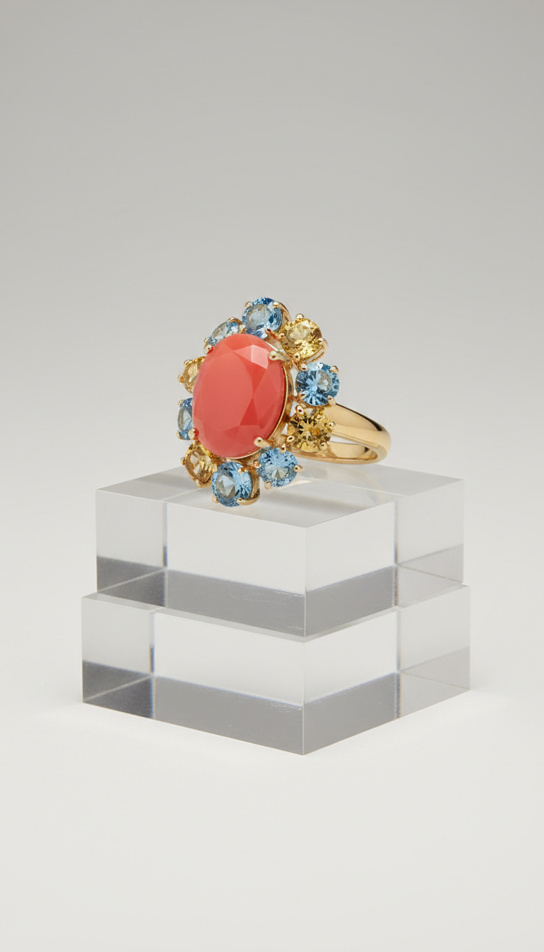 Coral Spark and Polished Gold Cocktail Ring